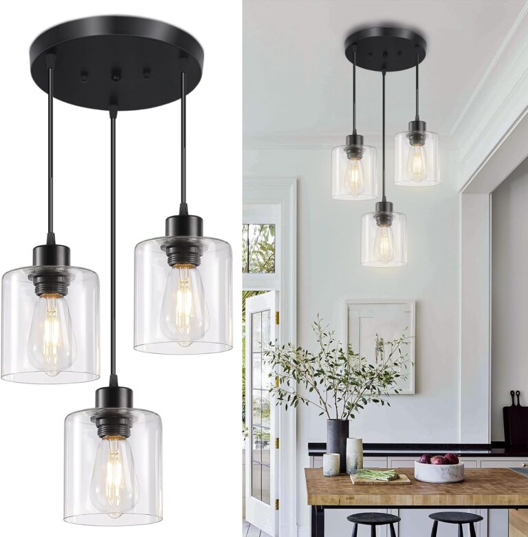 3-Lights Pendant Light Fixture, Hanging Light Fixture Kitchen Island, Black Pendant Lighting for Kitchen Bedroom Hallway, Dining Room Light Fixtures, E26 Base, Clear Glass Shade