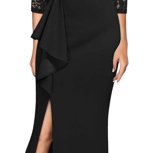 MISSMAY Women's Vintage Floral Lace Ruffle Half Sleeve Evening Party Formal Long Dress