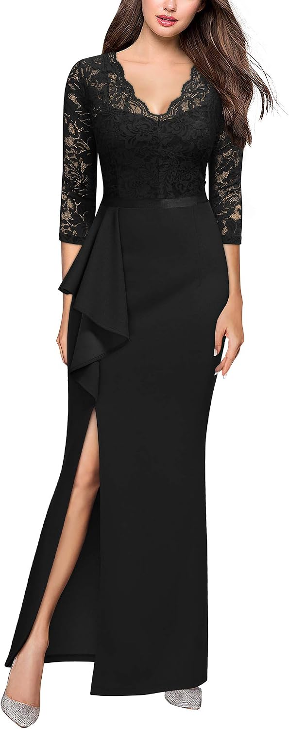MISSMAY Women's Vintage Floral Lace Ruffle Half Sleeve Evening Party Formal Long Dress MISSMAY Women's Vintage Floral Lace Ruffle Half Sleeve Evening Party Formal Long Dress