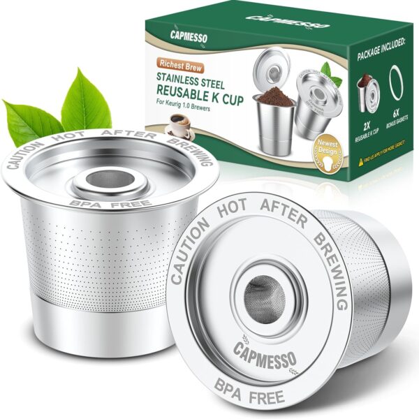 CAPMESSO Reusable K Cups Coffee Pods for Keurig 1.0: Stainless Steel Refillable K Cup - Reusable Coffee Filter for Keurig 1.0 Coffee Maker, Permanent, Eco-Friendly, Innovative Design(2 Pack)