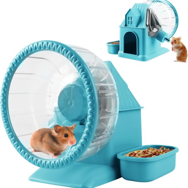 4 in 1 Silent Large Hamster Wheel Multifunctional Hamster Running Wheel Quite Running Spinner Wheel Accessories with Food Bowl Water Bottle for Hamsters Dwarf Gerbil (Blue)