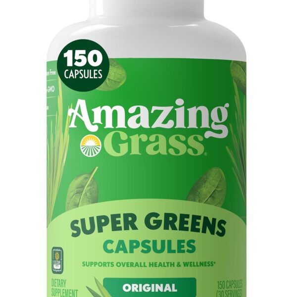 Amazing Grass Super Greens Capsules, Superfood, Greens Pills, Organic Spirulina, Chlorella, Beet Root Powder, Digestive Enzymes & Probiotics, Greens Supplement Capsules, 150 Count (Packaging May Vary)