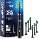 7AM2M Sonic Electric Toothbrush with 6 Brush Heads for Adults&Kids, One Charge for 120 Days, Wireless Fast Charge, 5 Modes, 40000VPM Powered Toothbrush, 2 Minutes Built in Smart Timer (Black)