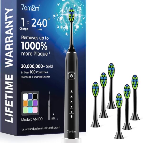 7AM2M Sonic Electric Toothbrush with 6 Brush Heads for Adults&Kids, One Charge for 120 Days, Wireless Fast Charge, 5 Modes, 40000VPM Powered Toothbrush, 2 Minutes Built in Smart Timer (Black)