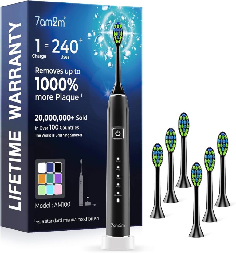 7AM2M Sonic Electric Toothbrush with 6 Brush Heads for Adults&Kids, One Charge for 120 Days, Wireless Fast Charge, 5 Modes, 40000VPM Powered Toothbrush, 2 Minutes Built in Smart Timer (Black)