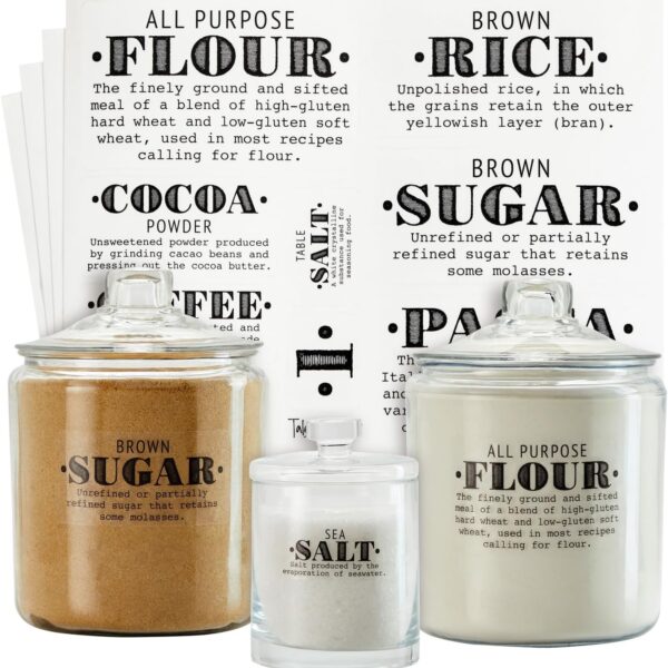 Talented Kitchen Preprinted Pantry Labels - Waterproof Kitchen Organization & Food Storage Labels - Flour, Sugar & Cornmeal Vinyl Sticker Set - 36 Pack, Medium, Clear Vinyl, Black Print