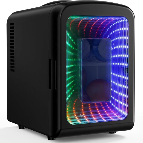 Antarctic Star Mini Compact Refrigerator with Gaming Light, 4L Capacity/6 Cans Portable Mini Fridge, for Bedroom,Car,Office and Dorm, Small Cooler for Cosmetics, Beverage and Food, Black