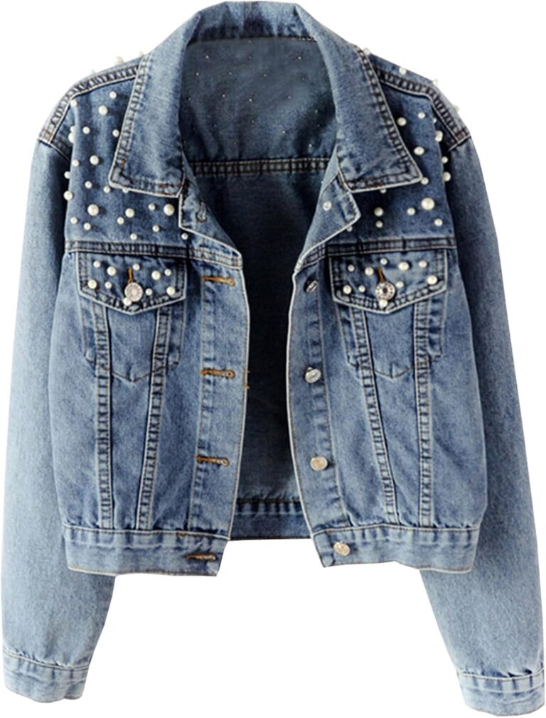 Hixiaohe Women Loose Embroidered Pearls Beading Cropped Denim Jacket Jean Coat
