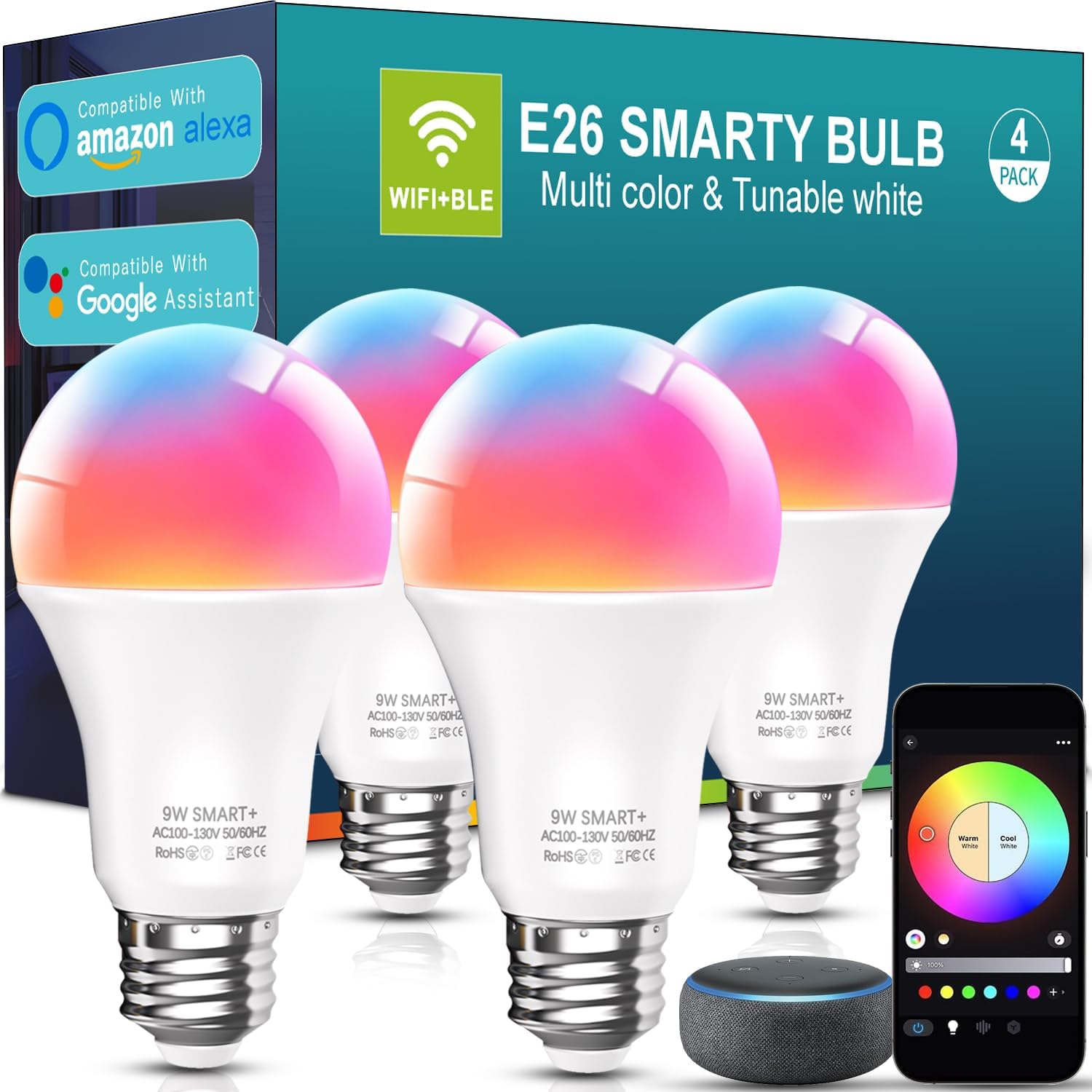 luckystyle Smart Light Bulbs, 9W A19 E26 800LM WiFi Bluetooth LED Bulbs Compatible with Alexa, Google Assistant & Home, 16 Million Colors Music Sync Color Changing Dimmable RGBWW Lights Bulb (4) luckystyle Smart Light Bulbs, 9W A19 E26 800LM WiFi Bluetooth LED Bulbs Compatible with Alexa, Google Assistant & Home, 16 Million Colors Music Sync Color Changing Dimmable RGBWW Lights Bulb (4)