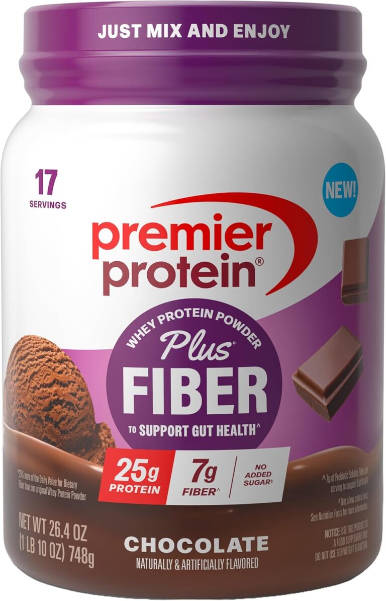 Premier Protein Powder Plus Fiber, Chocolate, 25g Protein, 7g Fiber to Support Gut Health, No Added Sugar (17 Servings)
