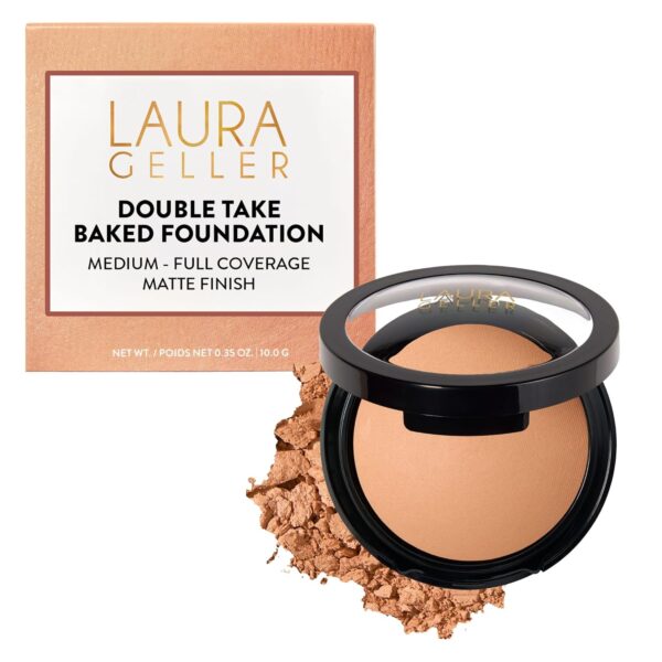 LAURA GELLER NEW YORK Baked Double Take Powder Foundation  Longwear Buildable Medium to Full Coverage  Matte Finish  Non-Caking Formula Handmade in Italy  Mature & Sensitive Skin  Medium