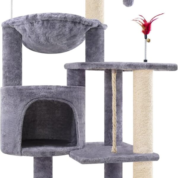 TWDEPART 42.5'' Cat Tree for Indor Cats, Multifunctional Cat Tower with Cozy Condo, Perches, Scratching Posts and Hammock, Grey