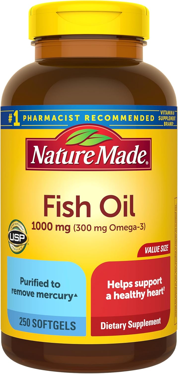Nature Made Fish Oil Omega 3 Supplements, 1000mg Softgels, Omega 3 Fish Oil for Healthy Heart Support, 250 Softgels, 125 Day Supply Nature Made Fish Oil Omega 3 Supplements, 1000mg Softgels, Omega 3 Fish Oil for Healthy Heart Support, 250 Softgels, 125 Day Supply