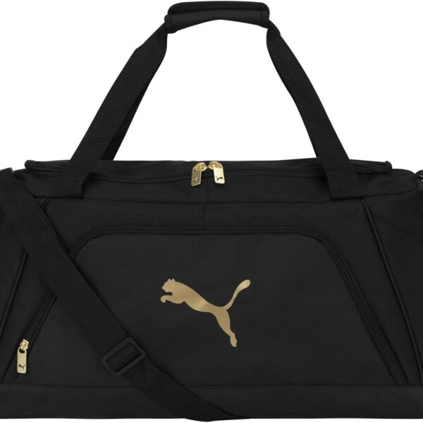 PUMA Accelerator Duffel Bag with Removable Strap & Shoe Pocket, Black/Gold, One Size