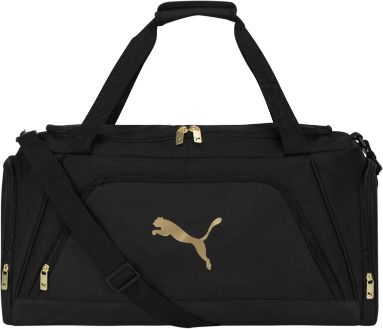 PUMA Accelerator Duffel Bag with Removable Strap & Shoe Pocket, Black/Gold, One Size