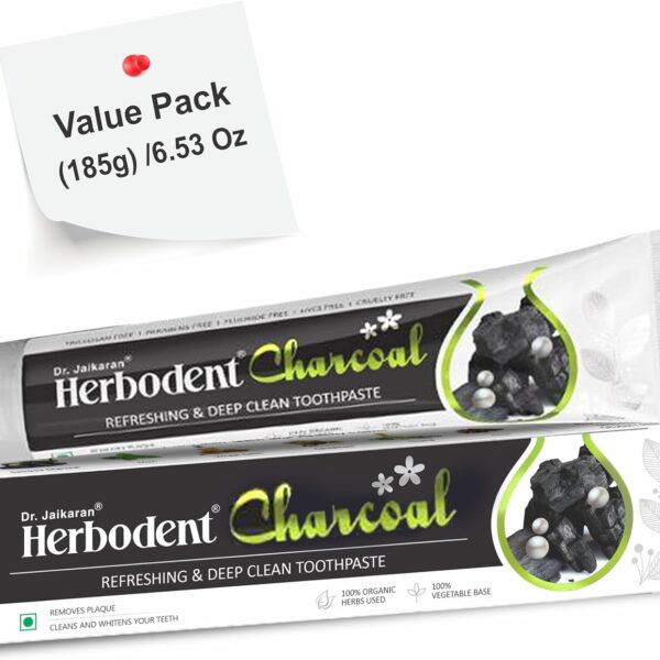 Herbodent Charcoal Toothpaste - 6.53oz/185g Pack of 1 | Whitens Teeth & Fresh Breath | No Bleach, No Fluoride | Activated Bamboo Charcoal & Organic Herbs -Wheat Germ, Thyme, Clove