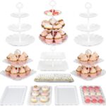 Pack of 11 NWK Cake Stand Set, with 3 x Two-Tier and 3 x Three-Tier Cupcake Stands, 4 x Appetizer Trays, 1 x Tablecloth for Birthday Bridal Baby Shower Party (White)