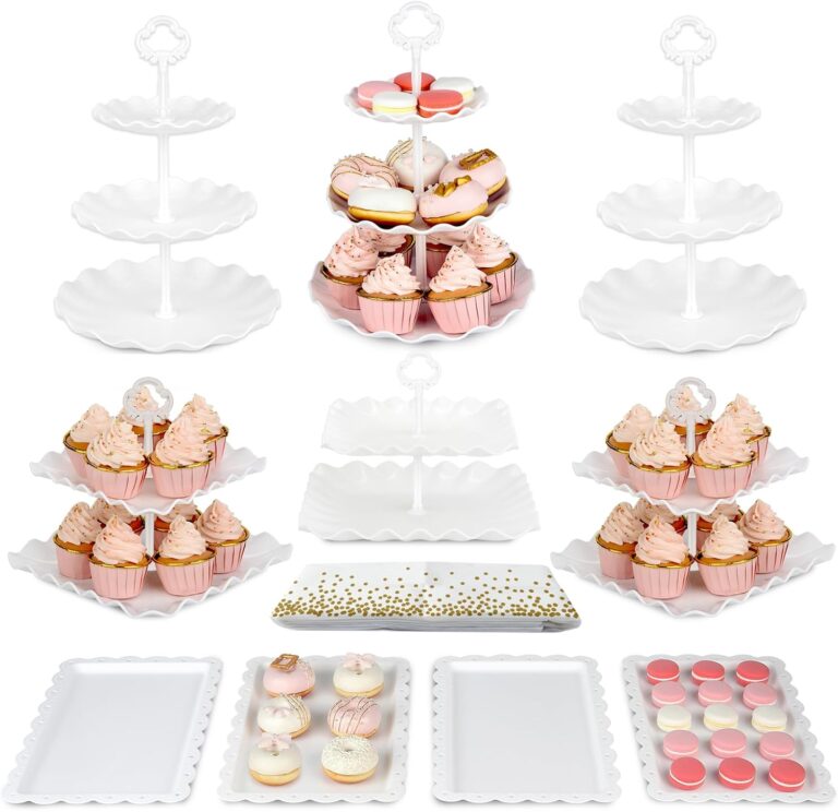 Pack of 11 NWK Cake Stand Set, with 3 x Two-Tier and 3 x Three-Tier Cupcake Stands, 4 x Appetizer Trays, 1 x Tablecloth for Birthday Bridal Baby Shower Party (White)