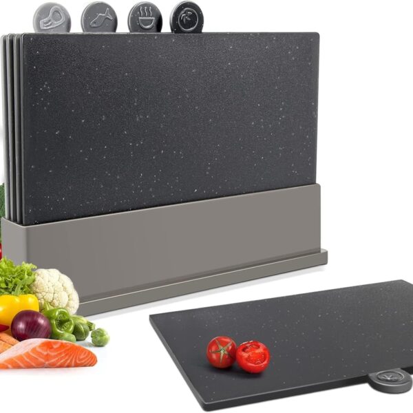 Masthome Index Chopping Board Set, 4-Pieces Plastic Cutting Boards with Food Icons and Storage Stand, BPA Free, Dishwasher Safe55, Professional Chopping Board Set for Kitchen