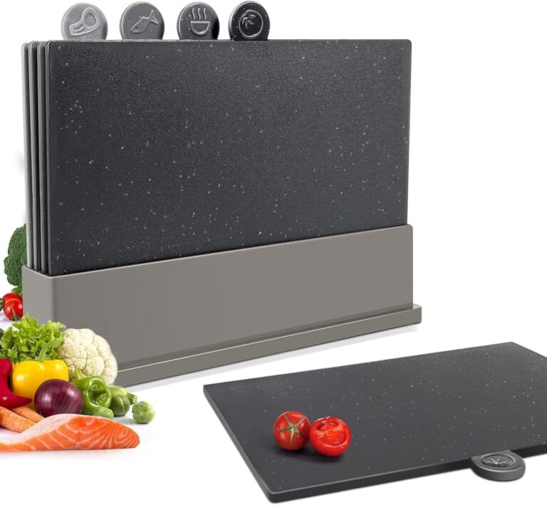 Masthome Index Chopping Board Set, 4-Pieces Plastic Cutting Boards with Food Icons and Storage Stand, BPA Free, Dishwasher Safe55, Professional Chopping Board Set for Kitchen