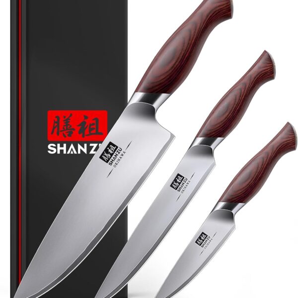 SHAN ZU Japanese Knife Set 3 PCs, High Carbon 10Cr15Mov Stainless Steel Chef Knife Set, Ultra-Sharp Professional Kitchen Knives Set with Ergonomic Pakkawood Handle and Elegant Gift Box