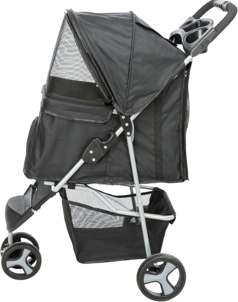 TRIXIE Foldable Pet Stroller for Cats and Dogs, Pet Carrier Strolling Cart with Weather Cover, Storage Basket, Cup Holder, Black | Lightweight, Compact and Portable, Easy to Travel