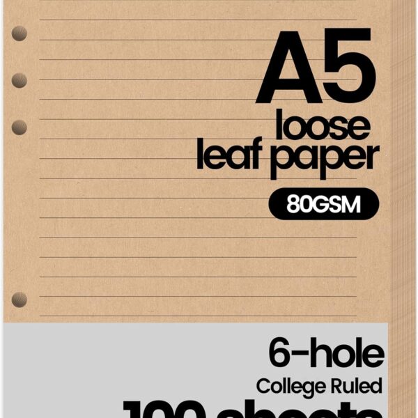 Koogel 100 Sheets Loose Leaf Paper College Ruled, 6-Hole Punched, 5.5"x8.1" | Anti-Bleed, 6-Ring Planner Refill, Filler Paper for Journals, School & Back to School Supplies, Brown Paper
