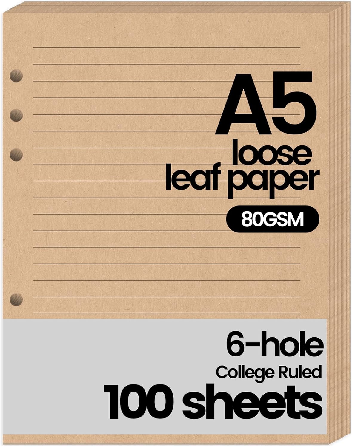 Koogel 100 Sheets Loose Leaf Paper College Ruled, 6-Hole Punched, 5.5"x8.1" | Anti-Bleed, 6-Ring Planner Refill, Filler Paper for Journals, School & Back to School Supplies, Brown Paper Koogel 100 Sheets Loose Leaf Paper College Ruled, 6-Hole Punched, 5.5"x8.1" | Anti-Bleed, 6-Ring Planner Refill, Filler Paper for Journals, School & Back to School Supplies, Brown Paper