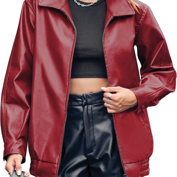 Miladusa Womens Oversized Leather Jackets Faux Casual Zip Up Trendy Bomber Motorcycle Jacket with Pockets