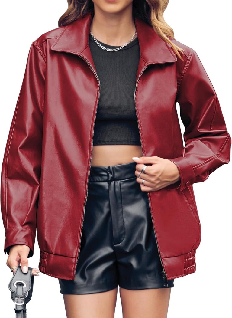 Miladusa Womens Oversized Leather Jackets Faux Casual Zip Up Trendy Bomber Motorcycle Jacket with Pockets