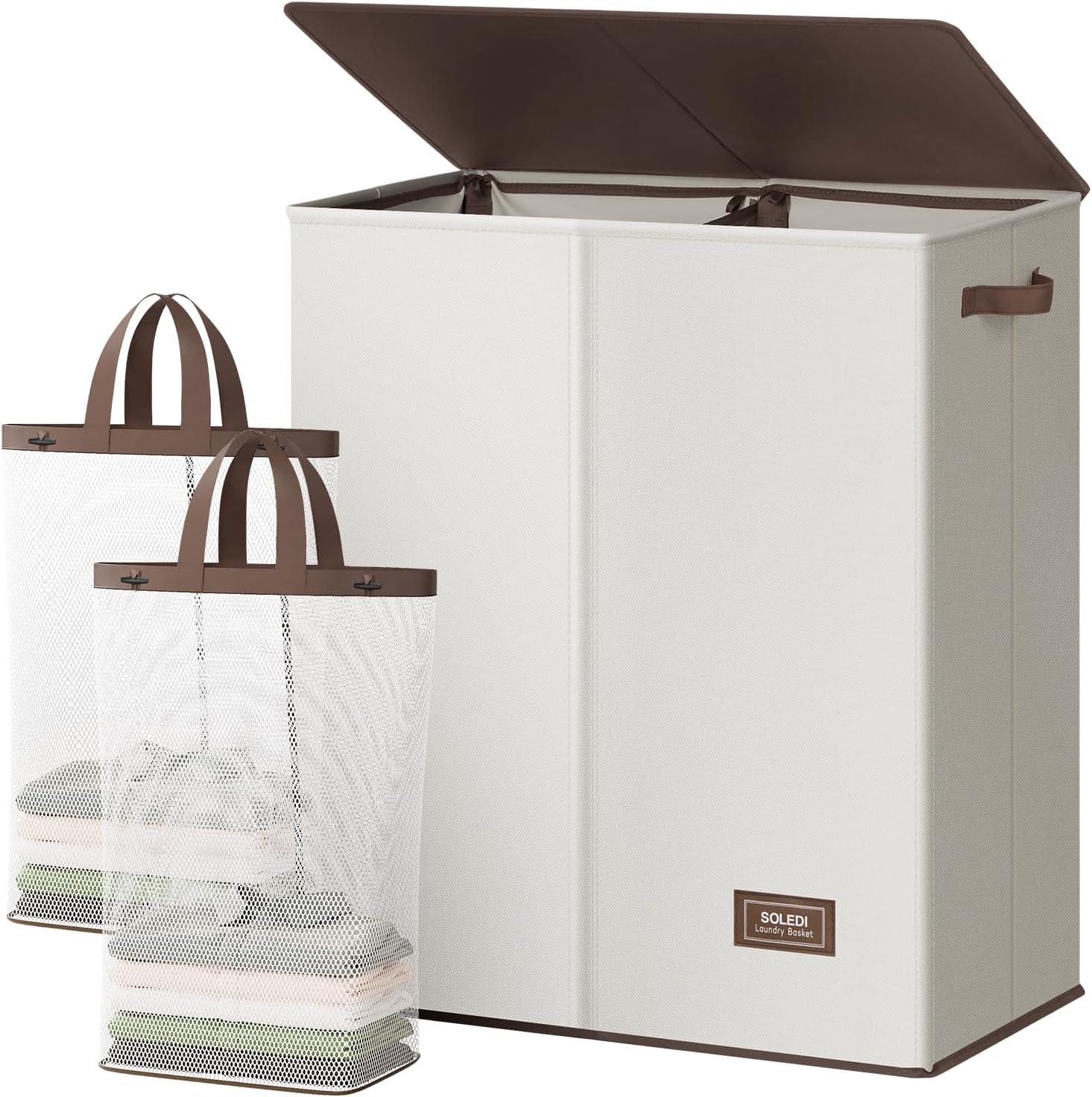 SOLEDI Luxury Double Laundry Hamper with Lid and Removable Bags, 38.3 Gal Large Laundry Bin, Laundry Basket 2 Sections, Collapsible Clothes Hamper for Bedroom, Laundry Room, Bathroom, Off-white SOLEDI Luxury Double Laundry Hamper with Lid and Removable Bags, 38.3 Gal Large Laundry Bin, Laundry Basket 2 Sections, Collapsible Clothes Hamper for Bedroom, Laundry Room, Bathroom, Off-white
