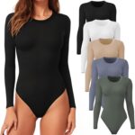 CE' CERDR 4/5 Pack Long Sleeve Bodysuit for Women Round Neck Casual Stretchy Basic Shirts Crew Neck Body Suits Tops