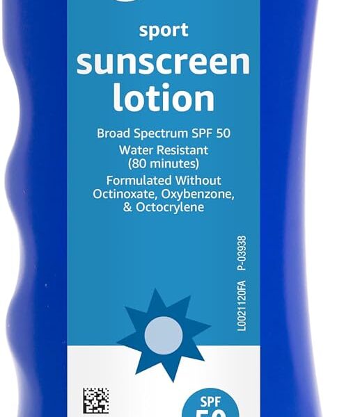 Amazon Basics Sport Sunscreen Lotion SPF 50, Water Resistant (80min), Formulated without Octinoxate & Oxybenzone, Broad Spectrum UVA/UVB Protection, 8 Fluid Ounce