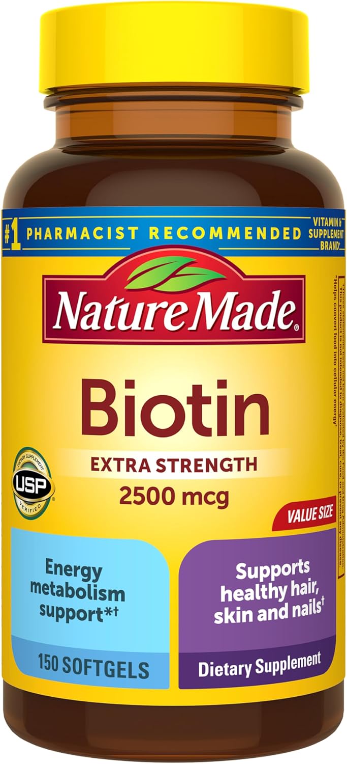 Nature Made Biotin 2500 mcg Extra Strength, 150 Softgels | Biotin Supplements for Women and Men to Support Healthy Hair Skin and Nails for Those Low in Biotin, 150 Day Supply Nature Made Biotin 2500 mcg Extra Strength, 150 Softgels | Biotin Supplements for Women and Men to Support Healthy Hair Skin and Nails for Those Low in Biotin, 150 Day Supply