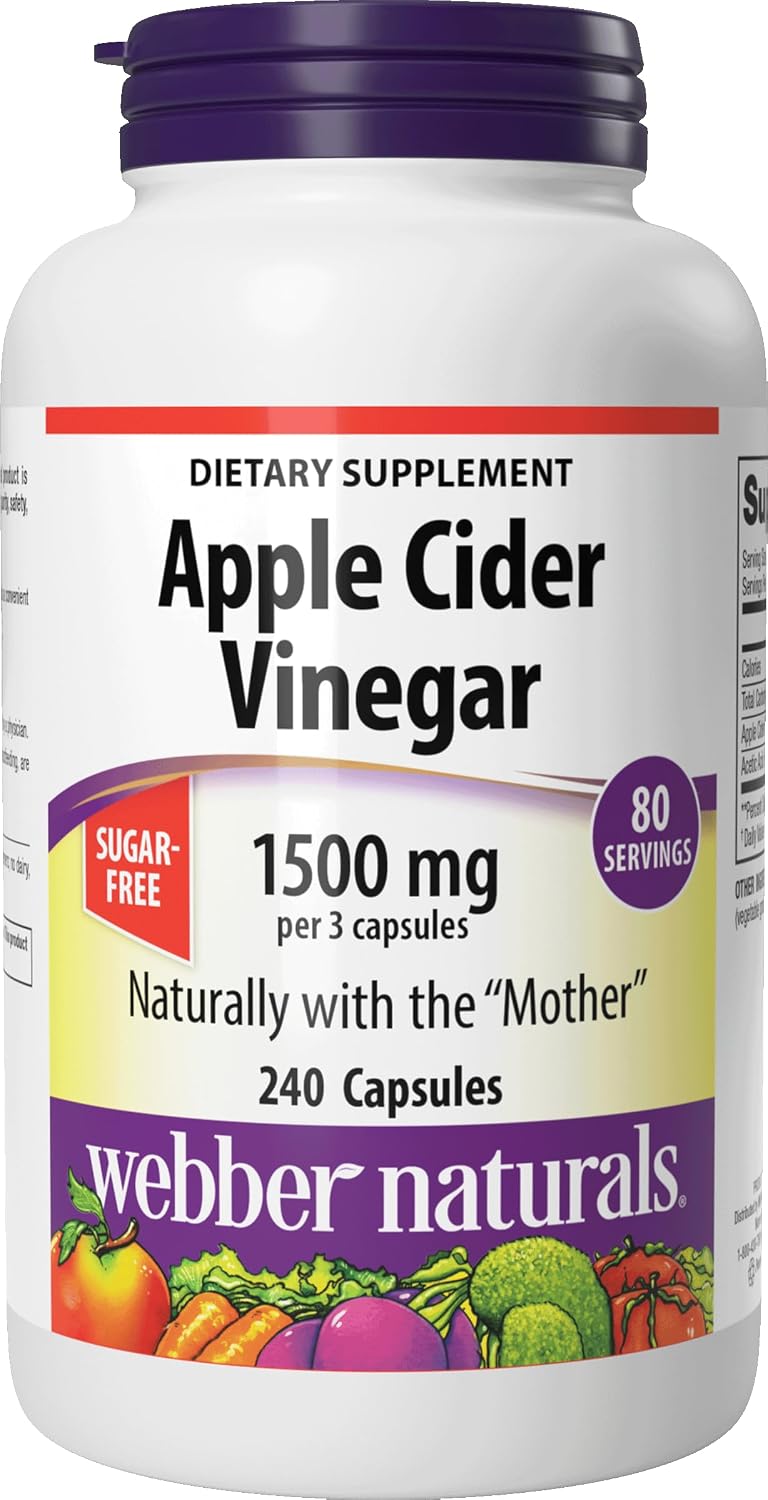 Webber Naturals Apple Cider Vinegar Capsules 1500mg, 240 Capsules | ACV With Mother, High Potency, Natural Digestion Support, Non-GMO, Gluten, Dairy & Sugar Free, 80 Days of Supply Webber Naturals Apple Cider Vinegar Capsules 1500mg, 240 Capsules | ACV With Mother, High Potency, Natural Digestion Support, Non-GMO, Gluten, Dairy & Sugar Free, 80 Days of Supply