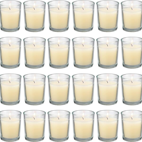 flamecan 24 Pack Clear Glass Filled Ivory Votive Candles. Unscented Votive Candles for Home Dcor Spa Weddings Birthdays Holidays Party