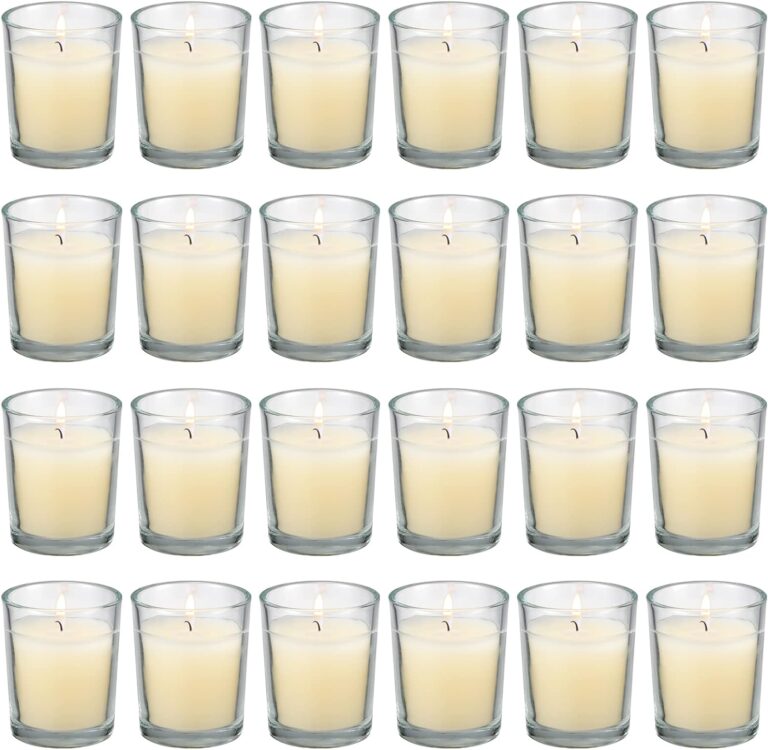 flamecan 24 Pack Clear Glass Filled Ivory Votive Candles. Unscented Votive Candles for Home Dcor Spa Weddings Birthdays Holidays Party