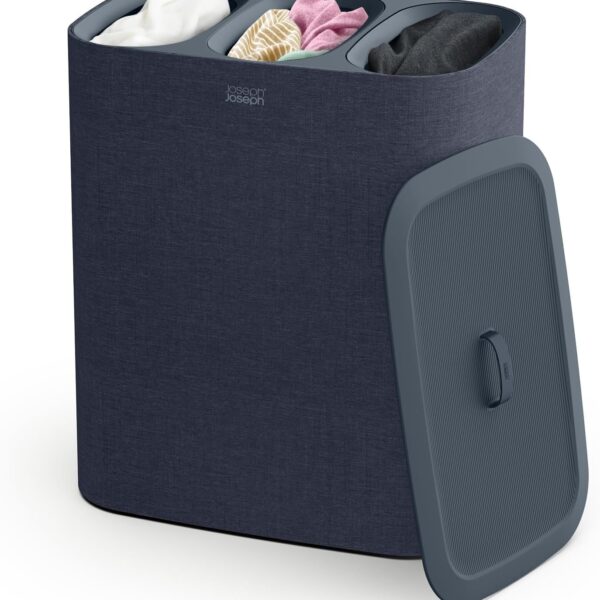 Joseph Joseph Tota Trio 90 liter/23.8 gallon Laundry Hamper Separation Basket with lid, 3 Removable Washing Bags with Handles- Dark Blue