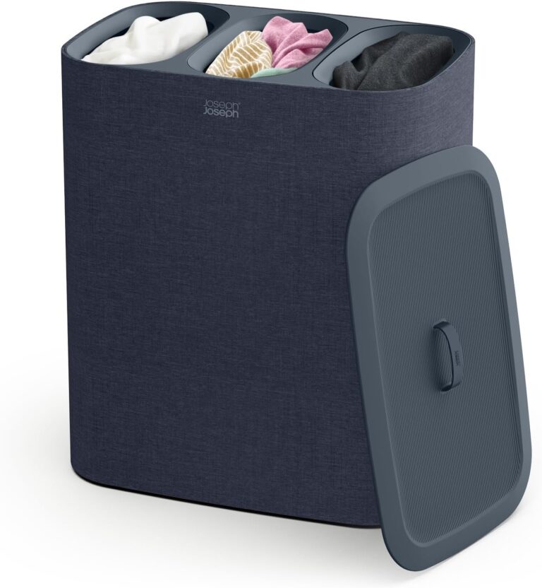 Joseph Joseph Tota Trio 90 liter/23.8 gallon Laundry Hamper Separation Basket with lid, 3 Removable Washing Bags with Handles- Dark Blue