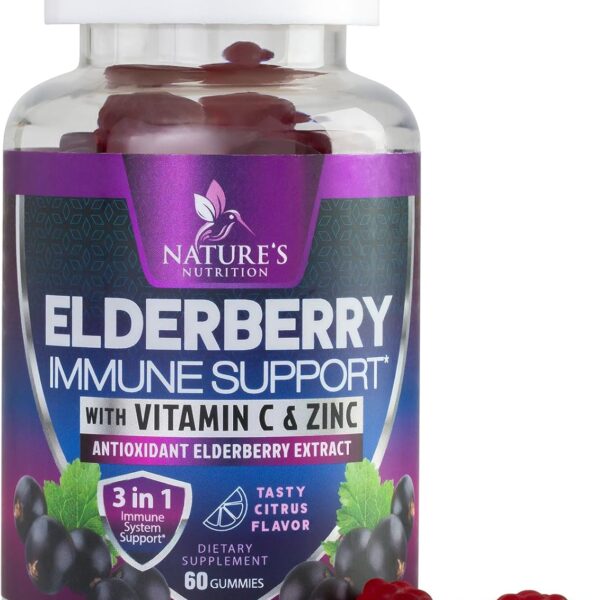 Elderberry Immune Support Gummies - 3X Strength Sambucus Elderberry Gummy with Vitamin C, D3 & Zinc - Natures Black Elderberry Extract - Immune Support Supplement for Adults & Kids - 60 Gummies