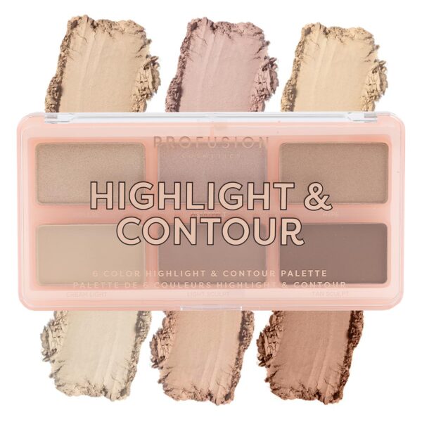 Profusion Cosmetics 6 Shade Highlight & Contour Palette Long-Wearing, Buildable Soft Powder for Sculpting & Defining, Blendable Formula for Light to Medium Skin (Light Medium)