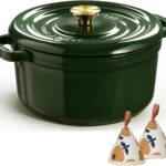 Overmont Enameled Cast Iron Dutch Oven - 5QT Pot with Lid Recipe Potholders | Pre-Seasoned Dutch Oven with Moisture-Sealing Lid, Oven Safe to 500F, Heavy-Duty Cookware for Braising Stews Roasting Baking