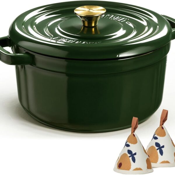Overmont Enameled Cast Iron Dutch Oven - 5QT Pot with Lid Recipe Potholders | Pre-Seasoned Dutch Oven with Moisture-Sealing Lid, Oven Safe to 500F, Heavy-Duty Cookware for Braising Stews Roasting Baking