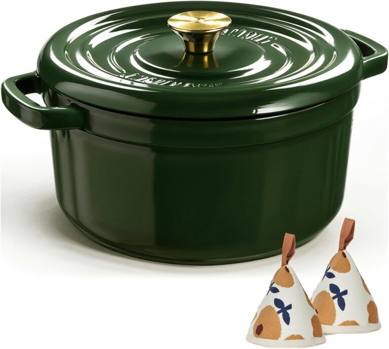 Overmont Enameled Cast Iron Dutch Oven - 5QT Pot with Lid Recipe Potholders | Pre-Seasoned Dutch Oven with Moisture-Sealing Lid, Oven Safe to 500F, Heavy-Duty Cookware for Braising Stews Roasting Baking