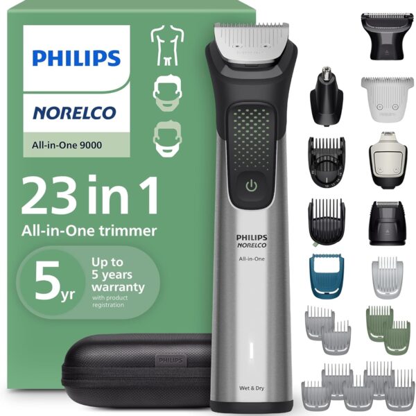 Norelco Philips All-in-One 9000 Series 23-Piece Trimmer - Electric Shaver and Clipper for Face, Beard, Head & Body, Self-Sharpening Full Metal Blades, 29 Length Settings (0.5-16 mm), MG9575/49