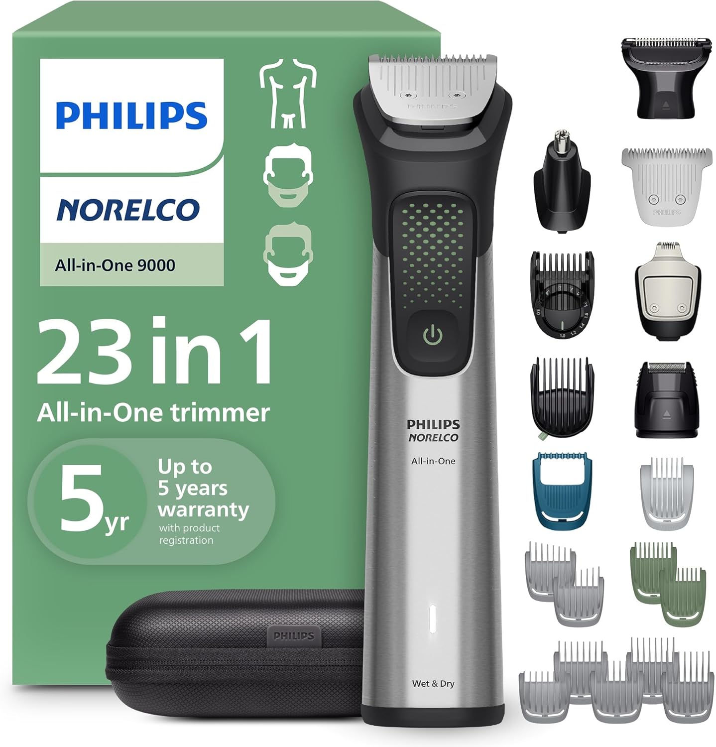 Norelco Philips All-in-One 9000 Series 23-Piece Trimmer - Electric Shaver and Clipper for Face, Beard, Head & Body, Self-Sharpening Full Metal Blades, 29 Length Settings (0.5-16 mm), MG9575/49 Norelco Philips All-in-One 9000 Series 23-Piece Trimmer - Electric Shaver and Clipper for Face, Beard, Head & Body, Self-Sharpening Full Metal Blades, 29 Length Settings (0.5-16 mm), MG9575/49
