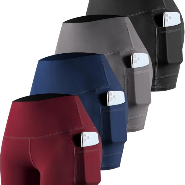 CHRLEISURE Womens Biker Yoga Shorts with Pockets: High Waisted Tummy Control Spandex Workout Athletic Gym Shorts 4 Packs
