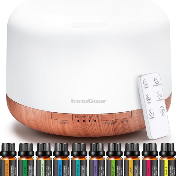 InnoGear Aromatherapy Diffuser & 10 Essential Oils Set, 500ml Essential Oil Diffuser with Remote Control Mother's Gift Ultrasonic Cool Mist Scent Humidifier Vaporizer Auto-Off Timer for Home, Yellow