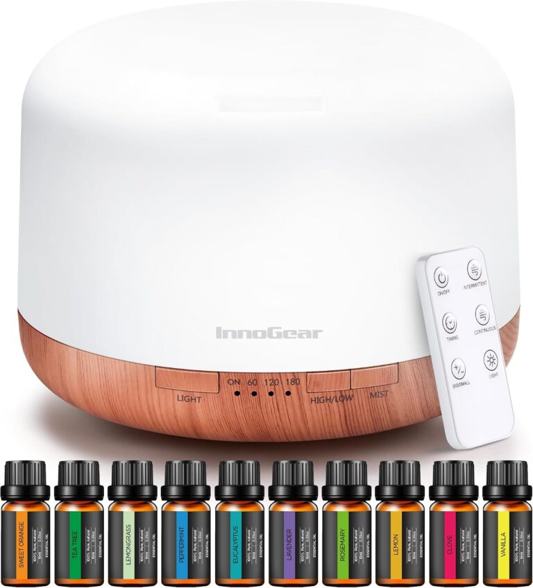 InnoGear Aromatherapy Diffuser & 10 Essential Oils Set, 500ml Essential Oil Diffuser with Remote Control Mother's Gift Ultrasonic Cool Mist Scent Humidifier Vaporizer Auto-Off Timer for Home, Yellow
