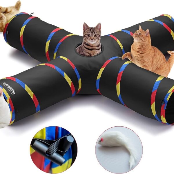 4 Way Large Cat Tunnels for Indoor Cats - 10" Diameter & 47" Long Play Tunnel Toy - Cat Tube with Play Ball & Mouse Toy - Interactive Peephole (Black)